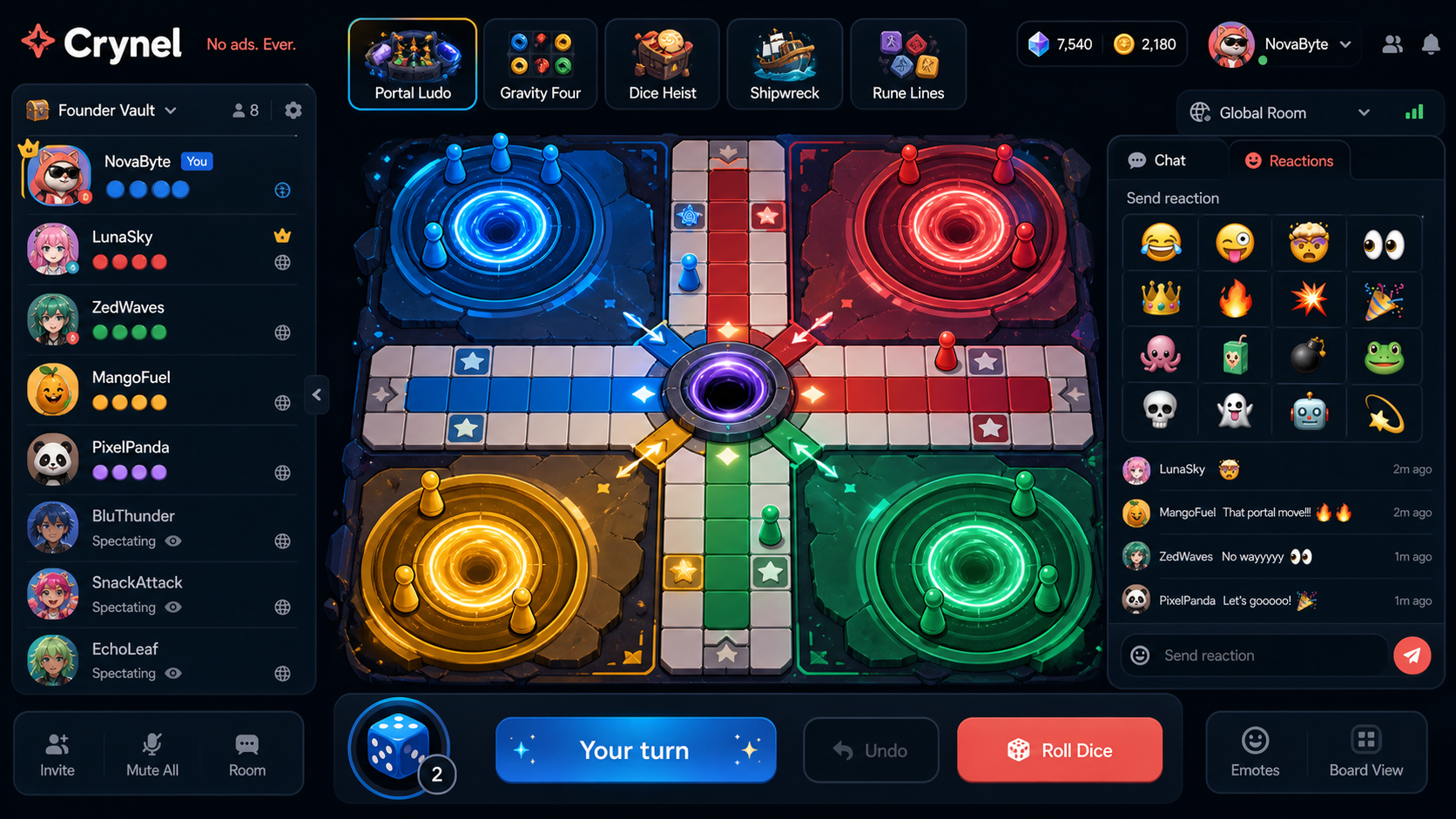 Early Crynel design concept: a glowing Portal Ludo board surrounded by a group of players and reactions
